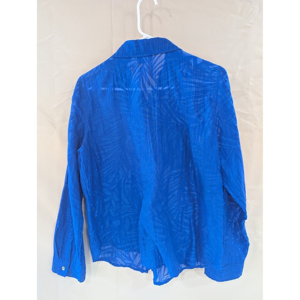 Chico's Royal Blue Sheer Palm Print Full Zip Long Sleeve Shirt - Picture 7 of 8